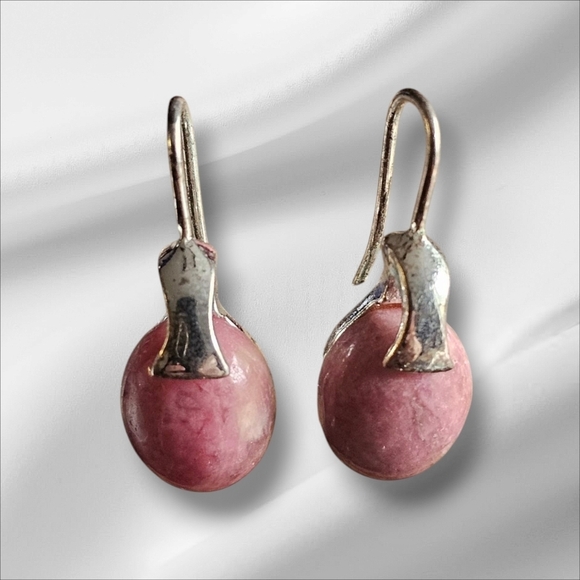 Rhodium Plated Rhodochrosite Dangle Earrings - Picture 1 of 5